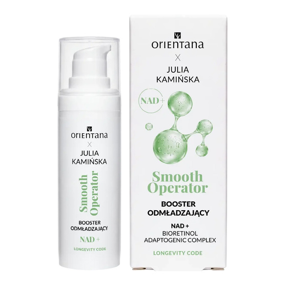 Kliknij na zdjęcie, aby je powiększyć Orientana x Julia Kamińska Longevity Code Smooth Operator NAD+-Booster zur Verjüngung müder, angespannter Haut mit ersten Altersanzeichen 30 ml