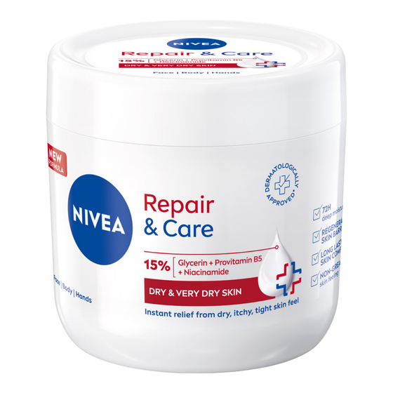 Kliknij na zdjęcie, aby je powiększyć NIVEA REPAIR & CARE FEUCHTIGKEITSSPENDEND-REGENERIERENDE CREME FÜR GESICHT KÖRPER HÄNDE 400ML
