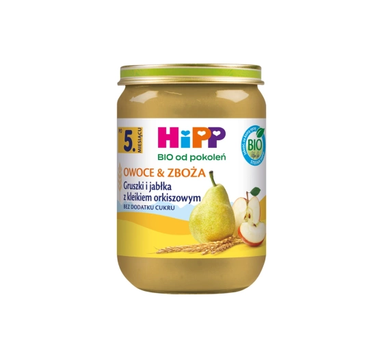 Kliknij na zdjęcie, aby je powiększyć HiPP Bio Gläschen-Dessert nach dem 5. Monat Birnen und Äpfel mit Dinkelgrieß 190 g