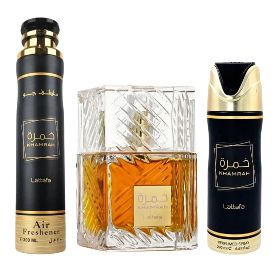 Kliknij na zdjęcie, aby je powiększyć Lattafa Khamrah Eau de Parfum Spray 100 ml + Deospray 200 ml + Raumduft Spray 300 ml