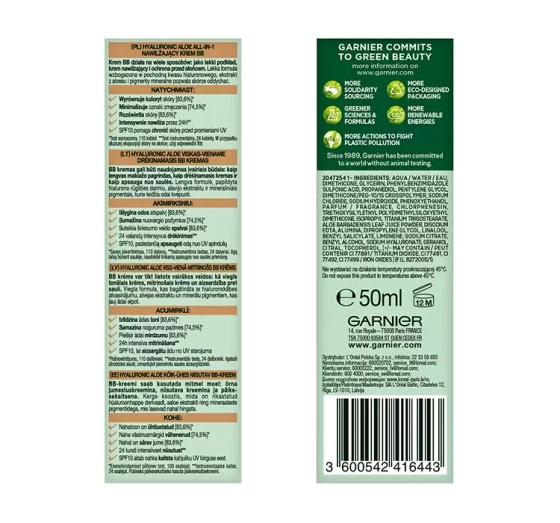 GARNIER SKIN NATURALS HYALURONIC ALOE ALL-IN-1 FEUCHTIGKEITSSPENDENDE BB CREME LIGHT 50ML