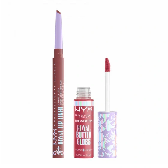 Kliknij na zdjęcie, aby je powiększyć NYX Professional Makeup Bridgerton Royal Treasures Lip Kit 01 Lippen-Make-up-Set Royal Butter Gloss Peony Passion 8 ml + Royal Lip Liner Cupid's Secret 0,33 g