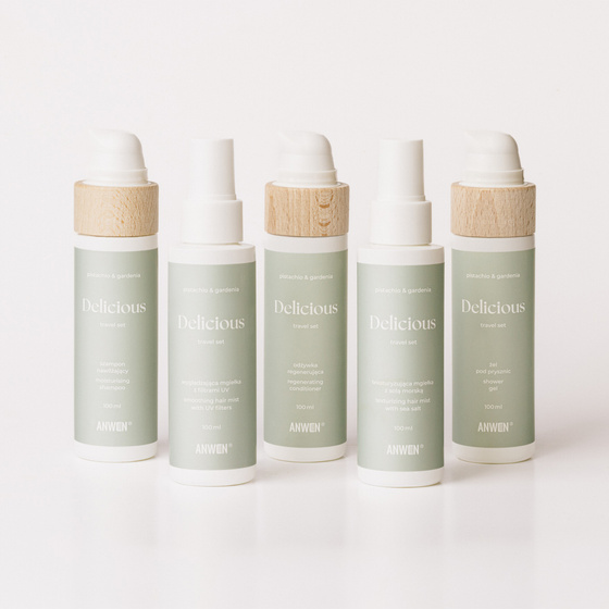 Anwen Delicious Travel Set: Feuchtigkeitsspendendes Haarshampoo Pistachio & Gardenia 100 ml