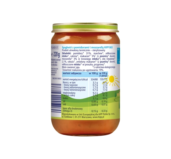 Kliknij na zdjęcie, aby je powiększyć HiPP Bio Menü nach dem 7. Monat Spaghetti mit Tomaten und Mozzarella 220g