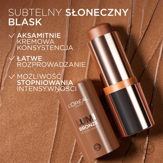 Kliknij na zdjęcie, aby je powiększyć L'Oréal Paris Lumi Bronze Le Stick Soleil – cremig-pudriger Bronzer-Stift für das Gesicht, 110 Toasted Sunlight, 9 g