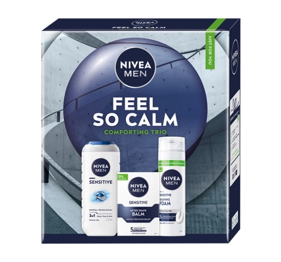 Kliknij na zdjęcie, aby je powiększyć NIVEA MEN Feel So Calm Comforting Trio Geschenkset für Männer Duschgel + Rasierschaum + Aftershave-Balsam