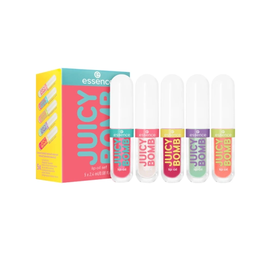 Kliknij na zdjęcie, aby je powiększyć Essence Juicy Bomb Geschenkset mit Lippenölen 01 Coconut Crush 2,4 ml + 02 Strawberry Star 2,4 ml + 03 Mandarin Miracle 2,4 ml + 04 Mint Magic 2,4 ml + 05 Cherry Cheer 2,4 ml