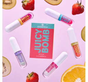 Essence Juicy Bomb Geschenkset mit Lippenölen 01 Coconut Crush 2,4 ml + 02 Strawberry Star 2,4 ml + 03 Mandarin Miracle 2,4 ml + 04 Mint Magic 2,4 ml + 05 Cherry Cheer 2,4 ml
