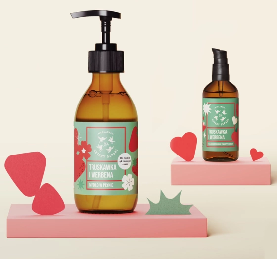 Mydlarnia Cztery Szpaki Geschenkset mit Naturkosmetik Erdbeere und Verbene Flüssigseife 300 ml + Massageöl 100 ml