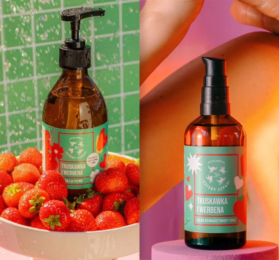 Mydlarnia Cztery Szpaki Geschenkset mit Naturkosmetik Erdbeere und Verbene Flüssigseife 300 ml + Massageöl 100 ml