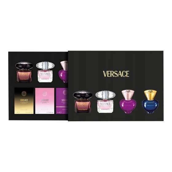 Kliknij na zdjęcie, aby je powiększyć Versace Eau de Toilette Crystal Noir 5 ml + Bright Crystal 5 ml + Eau de Parfum Dylan Purple Pour Femme + Dylan Blue Pour Femme 5 ml