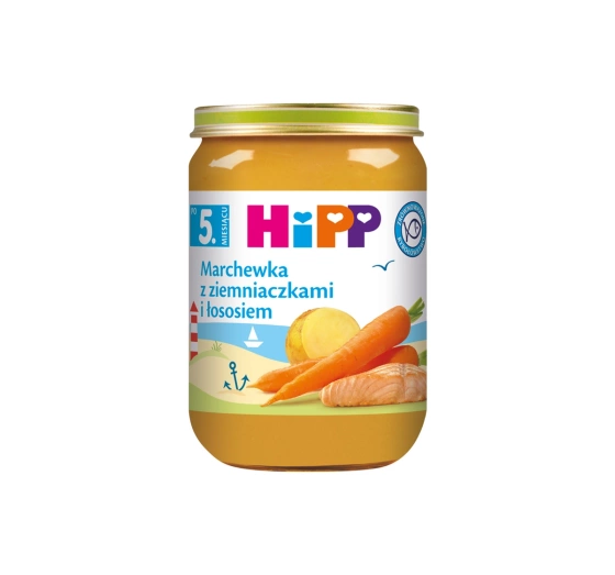 Kliknij na zdjęcie, aby je powiększyć HiPP Bio Menü nach dem 5. Monat – Karotten mit Kartoffeln und Lachs 180g