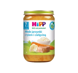 HiPP Bio Menü nach dem 7. Monat – Junges Gemüse mit Reis und Kalbfleisch 220g